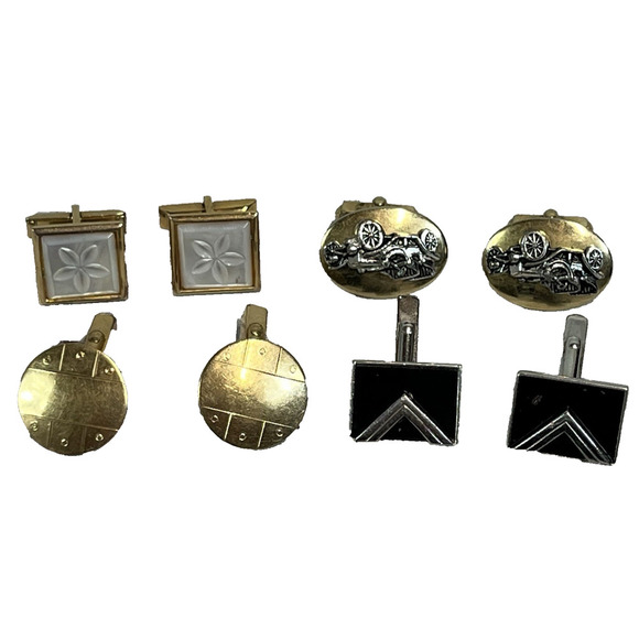 Vintage Set of 4 Mens Cufflinks Antique Cars Circles Mother of Pearl Gold Silver - Picture 1 of 10